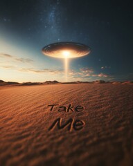 Aufkleber - Futuristic Desert Landscape Illuminated UFO Hovering Over Sandy Terrain - Cosmic Exploration Content and Sci-Fi Entertainment Marketing