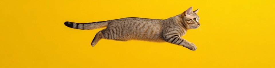 Poster - Dynamic Feline Movement Bold Yellow Backdrop with Striped Cat - Capturing Animal Energy for Digital Marketing and Pet Industry Imaging