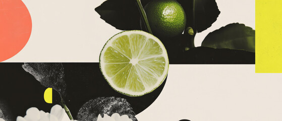Poster - Minimalist collage with lime, geometric shapes, and floral elements on a white backdrop