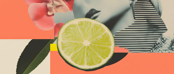 Poster - Minimalist collage combining geometric shapes and lime slice with floral elements