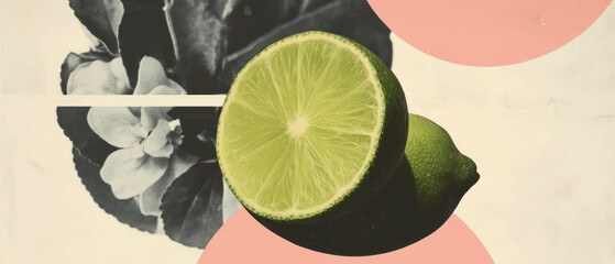 Aufkleber - Minimalist collage featuring geometric shapes and a textured slice of lime