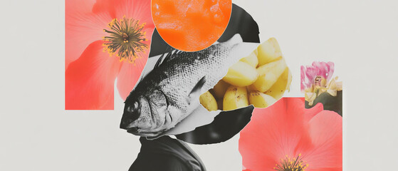 Poster - Minimalist collage combining fish and chips with floral geometric shapes