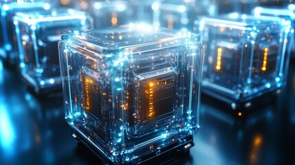 Fototapete - Futuristic glowing cubes with intricate circuits fill a digital space in high-definition clarity