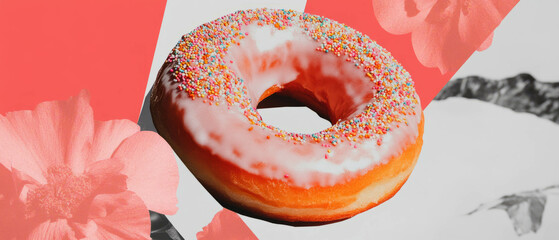 Aufkleber - Minimalist collage featuring a donut with glaze and sprinkles against geometric shapes and flowers
