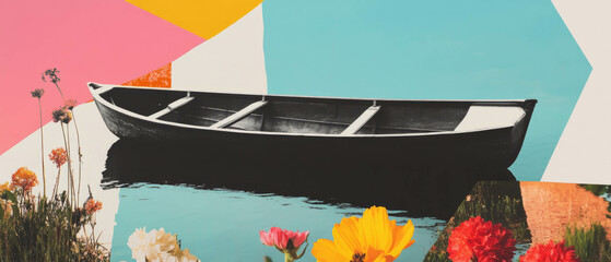 Poster - Minimalist collage featuring a rowboat on a calm lake with colorful geometric shapes