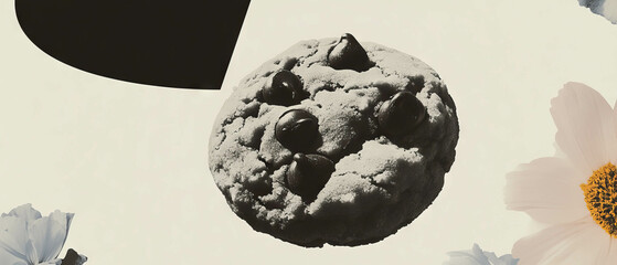 Aufkleber - Minimalist collage featuring a black-and-white cookie amidst geometric shapes and flowers