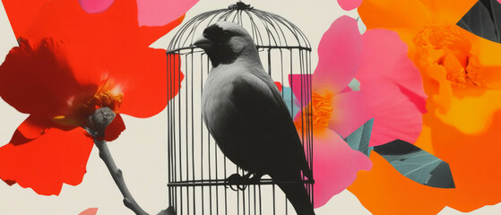 Poster - Minimalist collage featuring a canary in a cage with floral patterns and geometric shapes