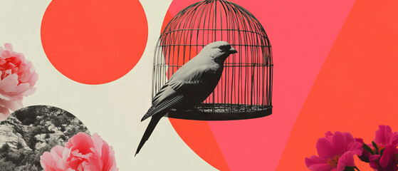 Aufkleber - A black-and-white canary is perched in a cage amidst colorful geometric shapes and flowers