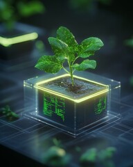 Aufkleber - Tech-Infused GardenCore Futuristic Biophilic Planter in Glowing Holographic Display for Smart Agriculture and Eco-Friendly Urban Design