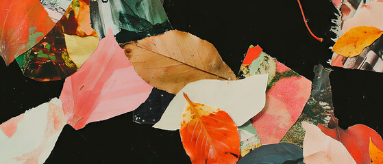 Aufkleber - Minimalistic mixed media collage featuring dried leaves and colorful cutouts on black background