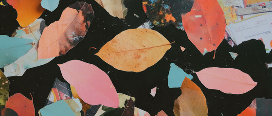 Aufkleber - Minimalistic abstract collage with dried leaves and colorful paper textures