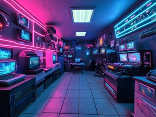 Poster - Retro-Futuristic VR Nostalgia Neon-Accented Gaming Room with Vintage-Inspired VR Glasses - Immersive Tech Setup for Creative Spaces and Digital Marketing Innovation