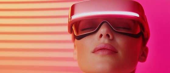 Aufkleber - Futuristic Tech Aesthetics Confident Female in VR Headset Experiencing Smart City Interface Modern Urban Mobility and Digital Empowerment in Business Environments