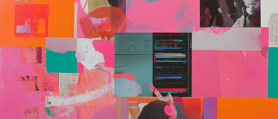 Poster - Exploration of data flow through mixed media collage in vibrant colors and textures