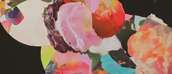 Poster - Minimalistic mixed media collage illustrating abstract plant life cycles with vibrant textures