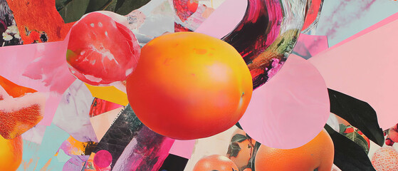 Poster - Minimalist mixed media collage featuring abstract fruit and vibrant textures