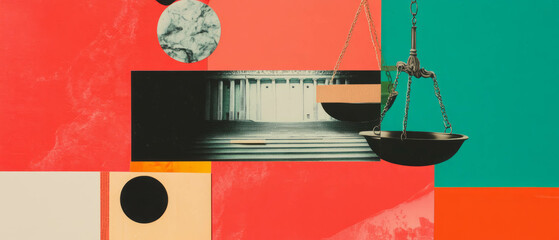 Aufkleber - Exploration of business ethics through mixed media collage featuring abstract scales and courtroom