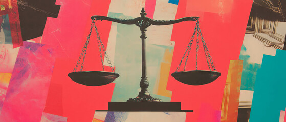 Poster - Minimalistic mixed media collage depicting business ethics with scales and courtroom elements