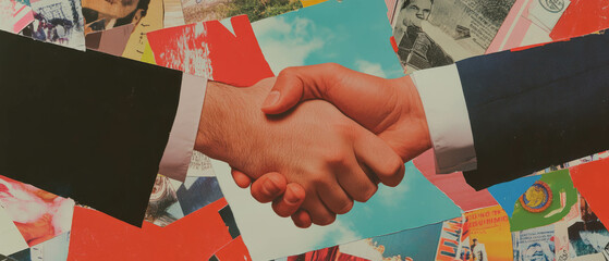 Aufkleber - Mixed media collage exploring business ethics with a central handshake depiction