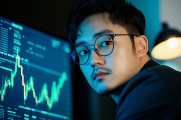Poster - Neon Cyber Workspace Korean Male Analyst Monitors Cryptocurrency Trends on Glowing Displays - Remote Tech Innovation and Strategic Finance Insights
