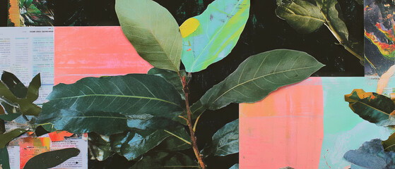 Poster - Mixed media collage blending smooth leaves and rough bark textures for a modern artistic expression