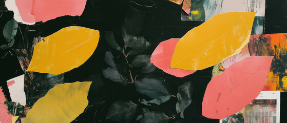 Poster - Minimalistic mixed media collage with contrasting textures and vibrant colors on black background