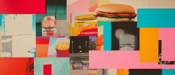 Aufkleber - Minimalistic mixed media collage featuring colorful fast food packaging in playful arrangement