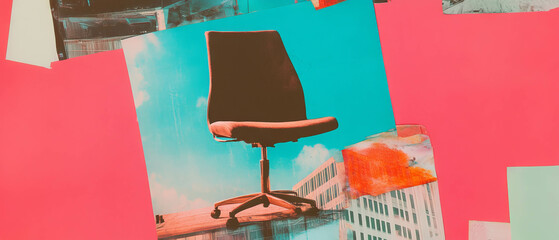 Poster - Minimalistic mixed media collage featuring an empty office chair and colorful cutouts
