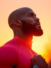 Aufkleber - Sunrise Biohacking Journey Muscular Man (35) in Vibrant Athletic Wear with Tech-Integrated Fitness Tracker - Urban Health and Wellness Marketing Imagery
