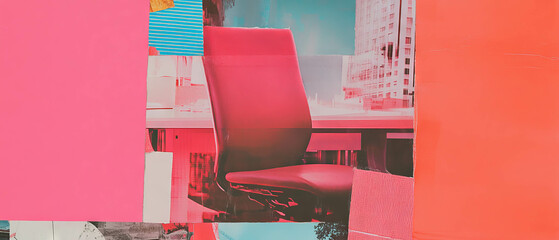 Aufkleber - Minimalistic collage featuring an empty office chair and vibrant textures in a workspace