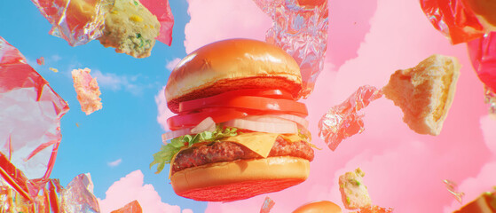Poster - Playful minimalistic mixed media collage capturing a burger surrounded by vibrant food fragments