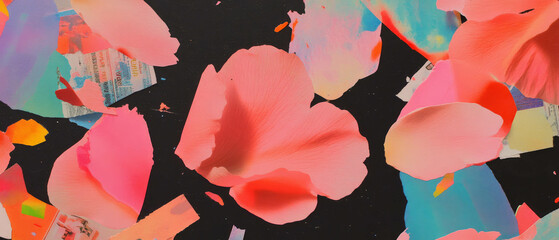 Aufkleber - Minimalistic mixed media collage featuring vibrant flower petals and textured cutouts