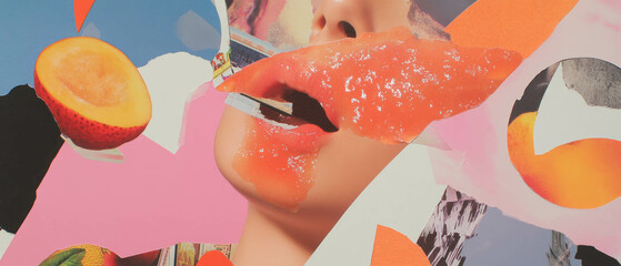 Poster - Mixed media collage combines fruit juice stains with vibrant textures and playful cutouts