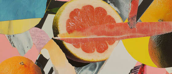 Poster - Mixed media collage with fruit peel textures and vibrant cutouts on corrugated cardboard