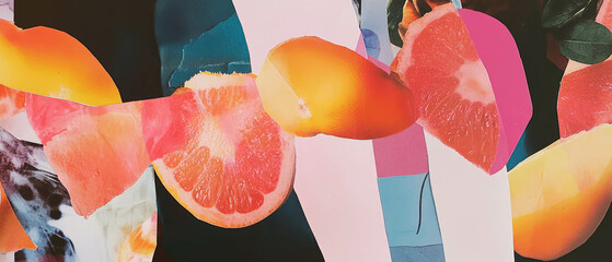 Aufkleber - Mixed media collage showcasing vibrant fruit skins against a dark backdrop