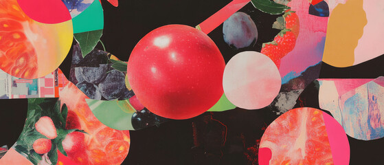 Aufkleber - Mixed media collage showcasing vibrant fruit patterns with dark background textures