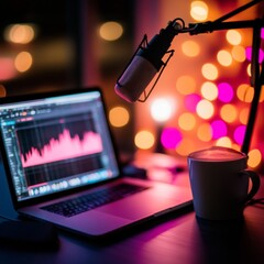 Poster - Warm Ambient Podcast Setup Sleek Microphone and Laptop with Audio Waves - Intimate Content Creation for Modern Digital Narratives and Startup Innovation