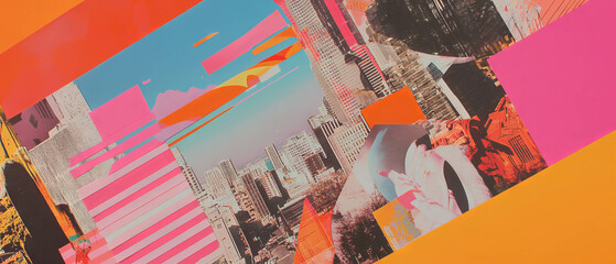Poster - Mixed media collage featuring geometric patterns and aerial city view in vibrant colors