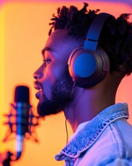 Poster - Mid-Century Modern Podcast Studio Young Black Man with Denim Jacket and Over-Ear Headphones - Vibrant, Tech-Forward Digital Media and Remote Work Innovation