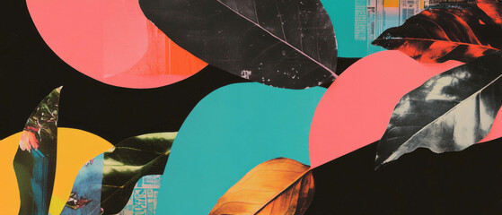 Poster - Mixed media collage featuring geometric shapes and vibrant leaf silhouettes on a black background