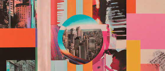 Poster - Exploration of urban life through a geometric mixed media collage