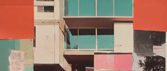 Poster - Minimalistic mixed media collage showcasing modern architecture with diverse textures
