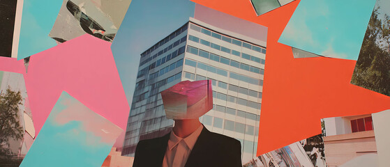 Poster - Modern minimalism in mixed media collage featuring a glass and metal office facade