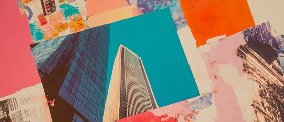 Aufkleber - Minimalistic mixed media collage showcasing commercial building and colorful paper elements