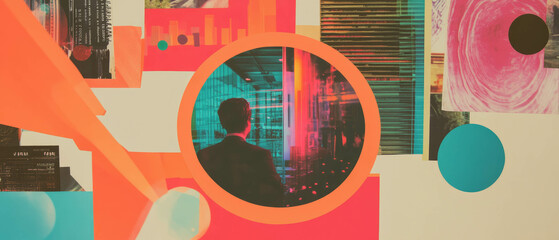 Aufkleber - Minimalistic mixed media collage showcasing innovation and research development themes