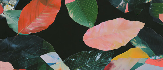 Poster - Playful exploration of leaf patterns in a mixed media collage with vibrant textures