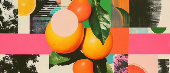 Poster - Minimalistic mixed media collage featuring monochromatic fruit and colorful textures