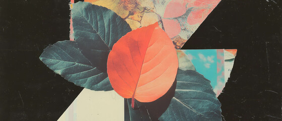 Poster - Minimalistic mixed media collage featuring monochromatic leaves against a bold backdrop