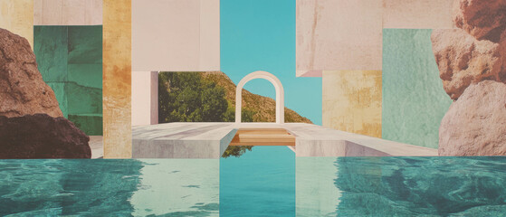 Aufkleber - Minimalistic mixed media collage highlighting sustainable architecture and natural textures
