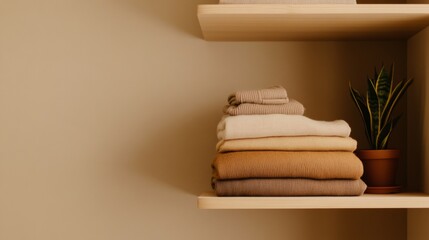 Canvas Print - Minimalist Slow Fashion Wardrobe Earthy Tone Linen and Cotton Garments on Wooden Shelves - Elevating Sustainable Retail Displays for Eco-conscious Consumers